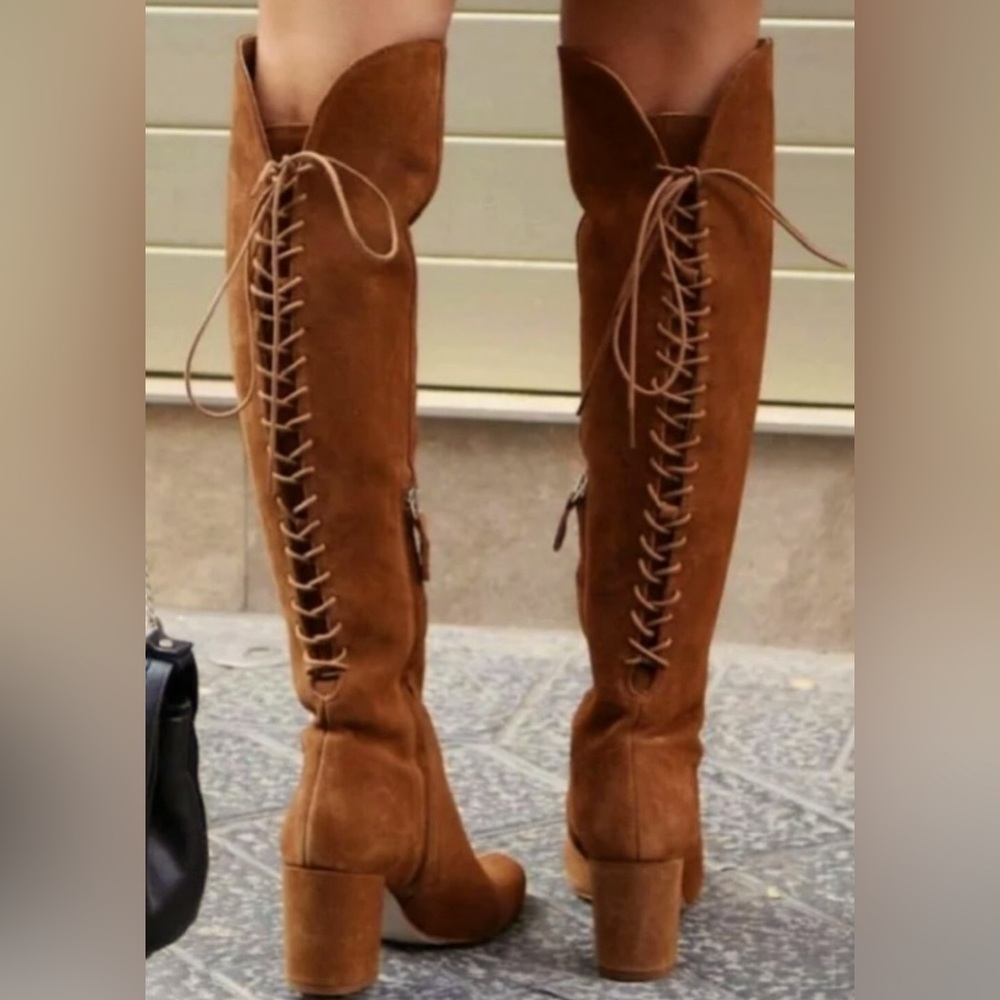Zara tan suede over the knee heeled boots